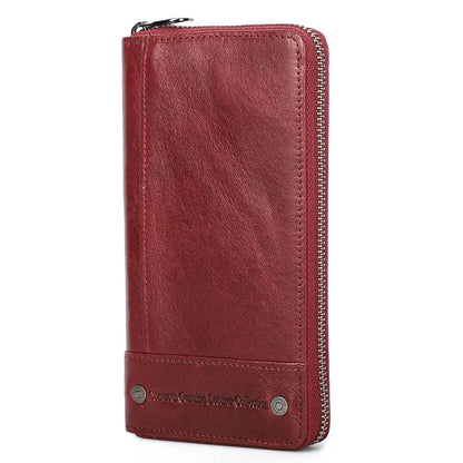 Men's brown genuine leather anti-theft wallet with zipper closure and card swiping function