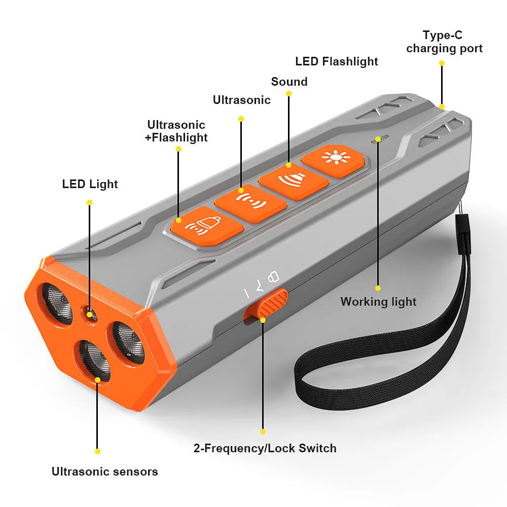 Handheld grey and orange ultrasonic dog trainer with three heads and a remote control.