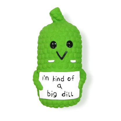 Green pickle-shaped latex squeaky dog toy with textured nubs for teeth cleaning.
