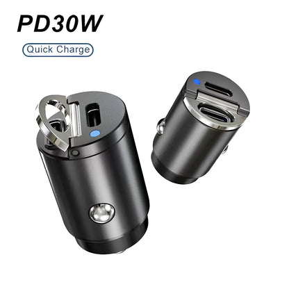 Mini 30W dual-port car cigarette lighter charger in black zinc alloy
