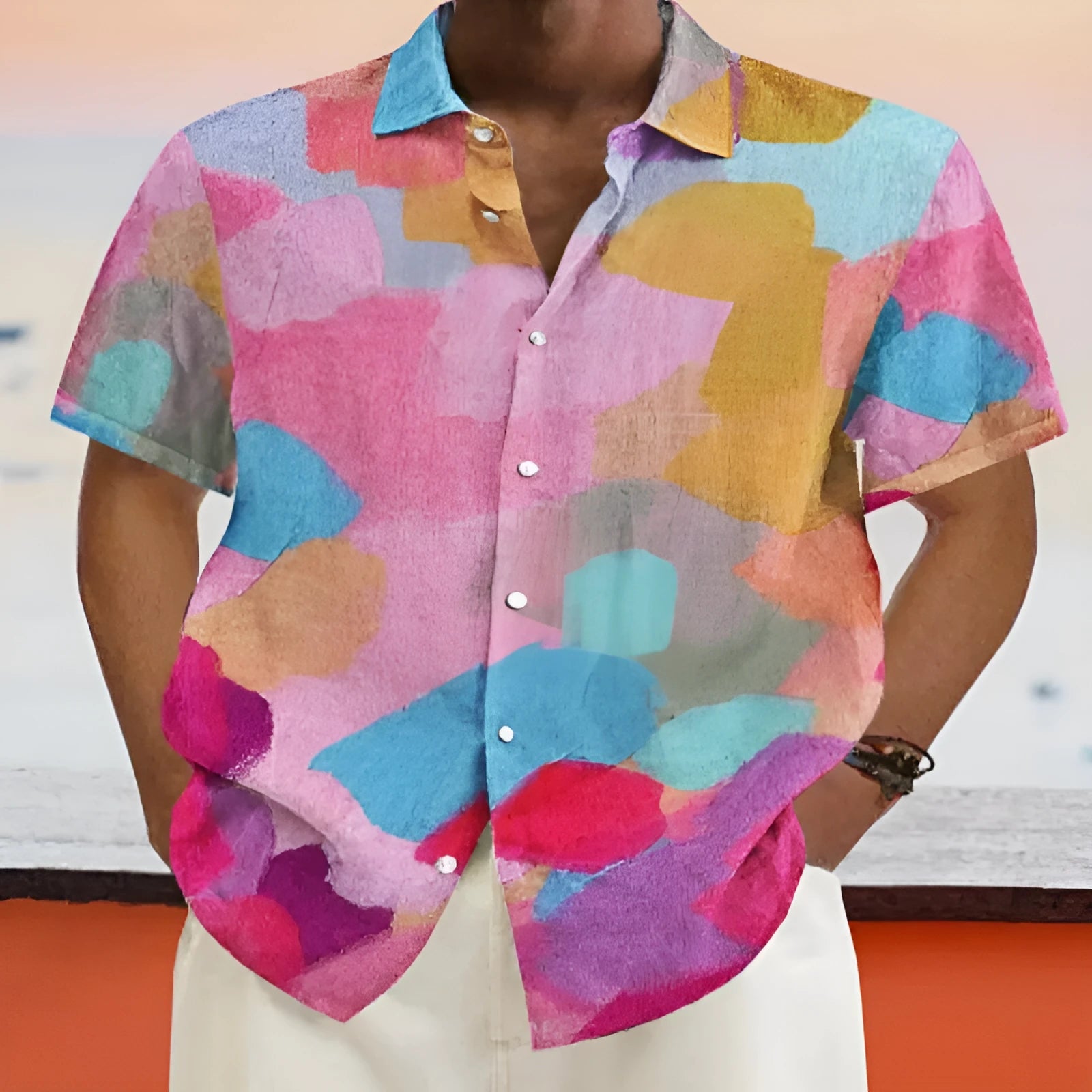Hawaiian style short sleeve cardigan with 3D printed pattern and stand collar