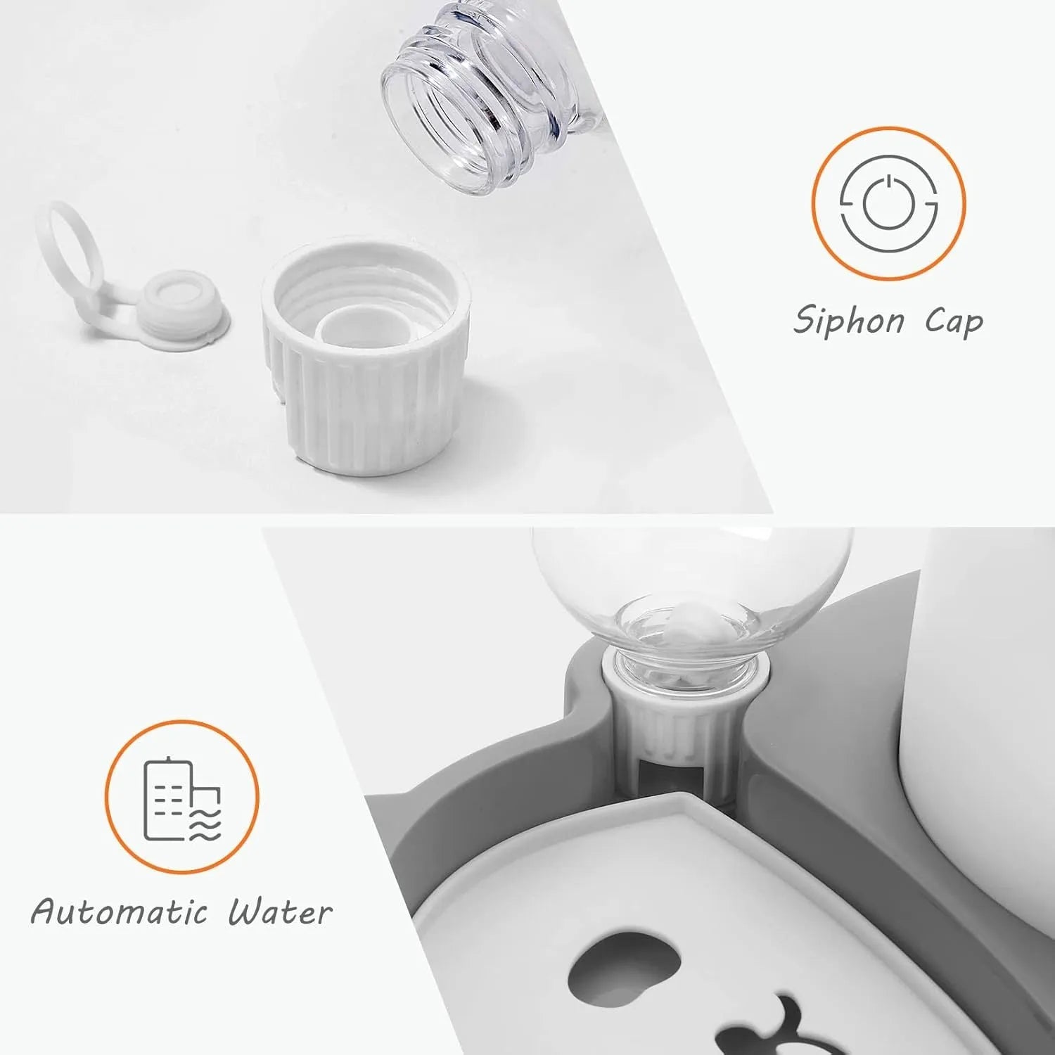 Grey panda-shaped tilted pet feeder with food bowl, water bowl, and a 17oz water bottle attached.