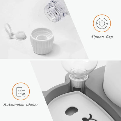 Grey panda-shaped tilted pet feeder with food bowl, water bowl, and a 17oz water bottle attached.
