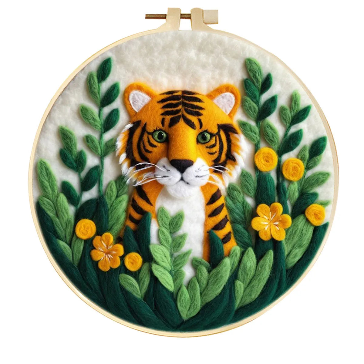 Round three-dimensional embroidery kit with linen fabric, wool felt pieces, and embroidery frame for 20x20 cm blanket painting