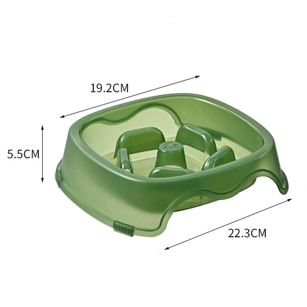 Blue plastic anti-choke slow feeder bowl for dogs on a floor
