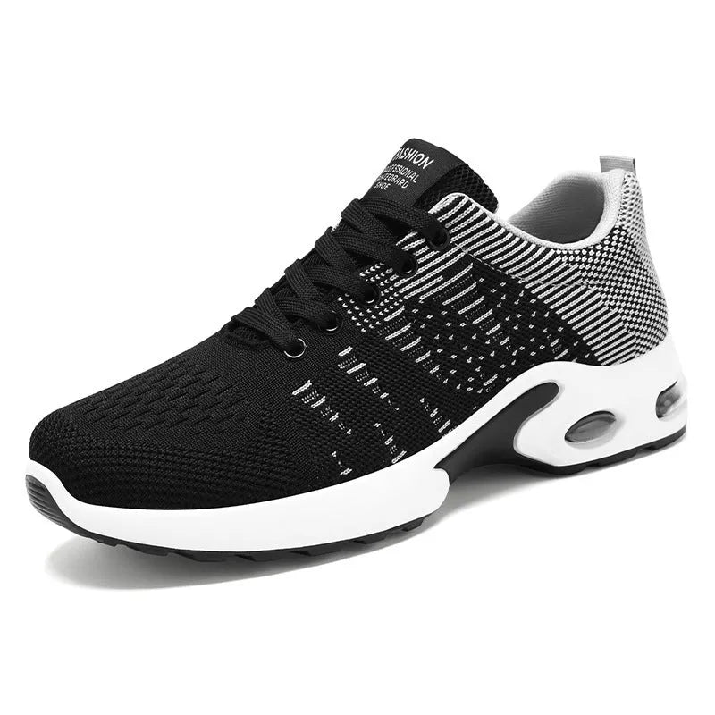 Men's black Flyknit mesh sneakers with round toe and lace-up front in casual low-top design