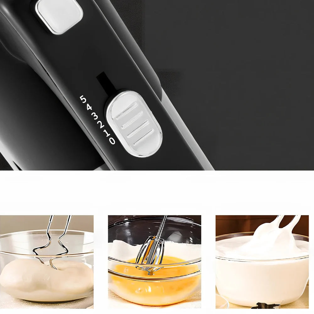 Black handheld electric whisk with stainless steel beaters and five speed buttons
