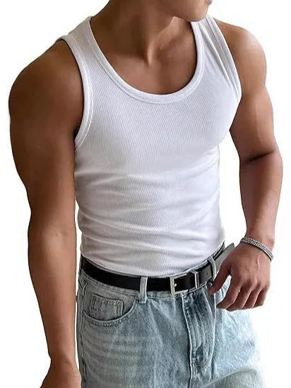 Men's tight-fitting grey sports t-shirt with a round neck, shown flat.