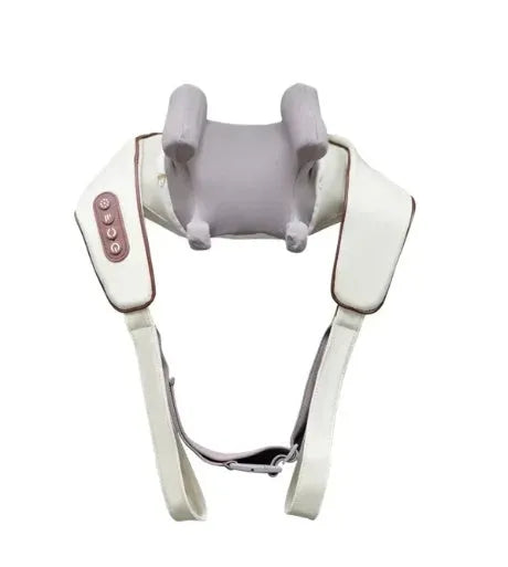 Creamy white rechargeable shoulder and neck kneading massager with USB cable.