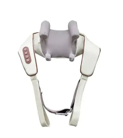 Creamy white rechargeable shoulder and neck kneading massager with USB cable.