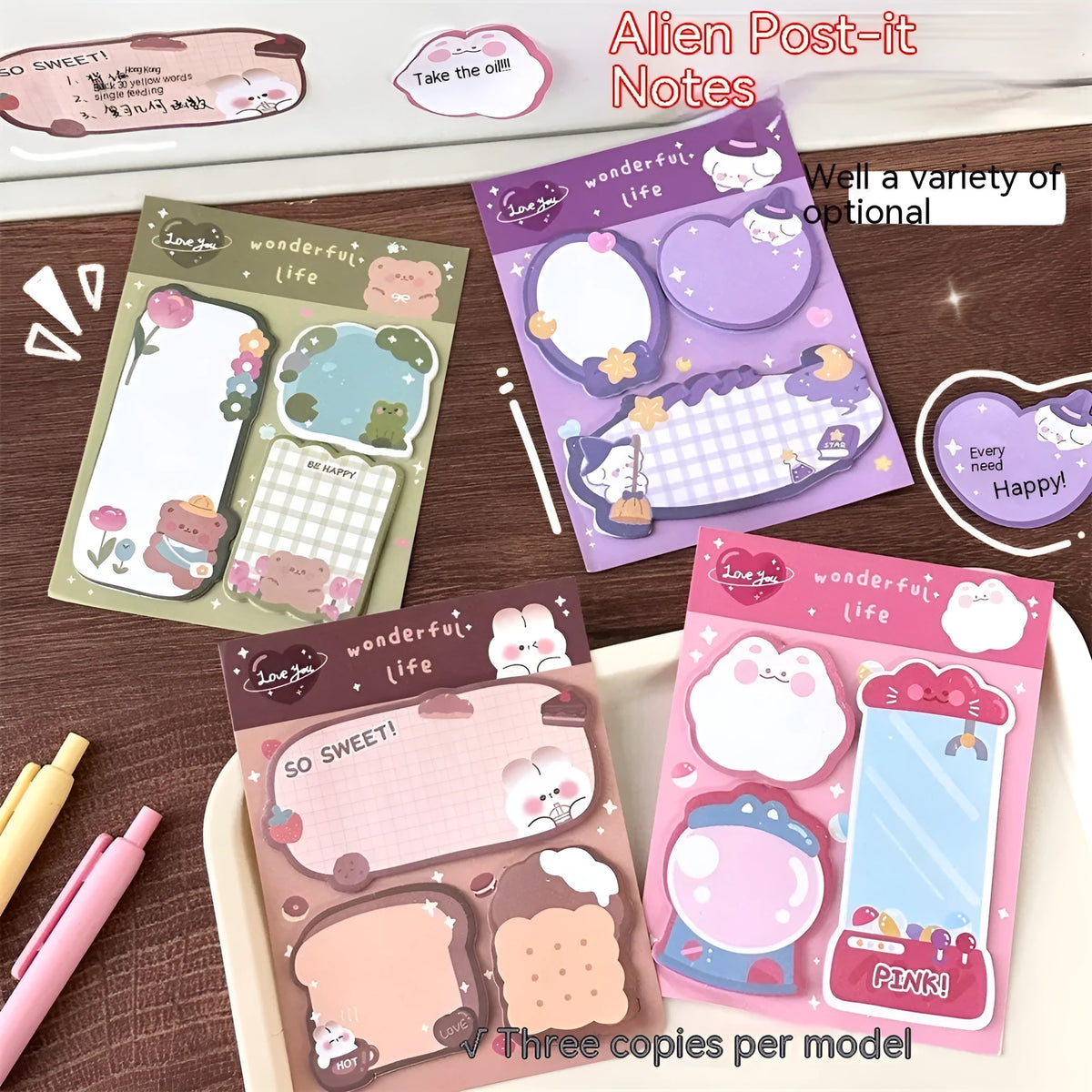 Cartoon combination sticky notes pad with 60 paper sheets, 10 x 13cm special-shaped memo stickers in four cover colours