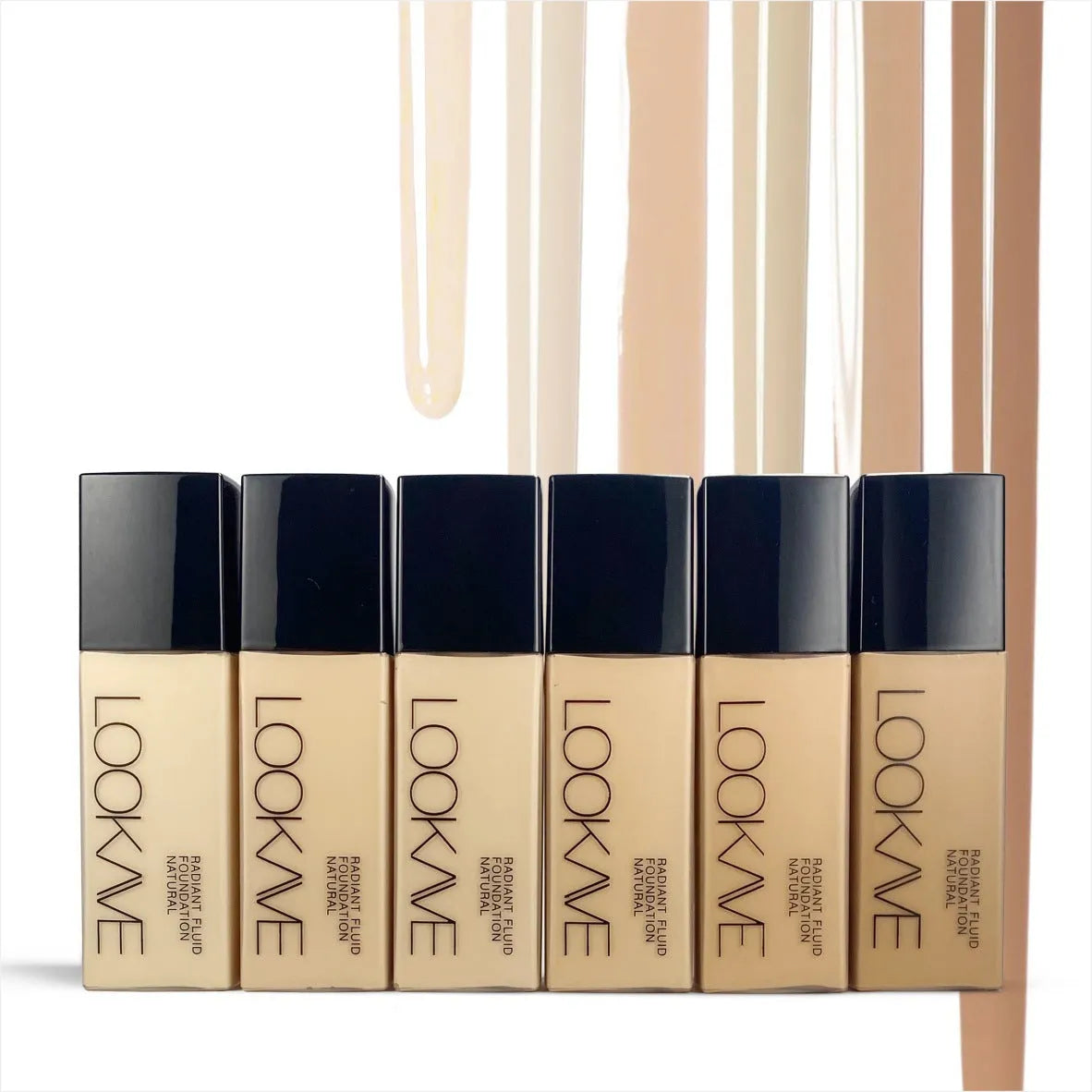 LOOKAVE Matte Liquid Foundation bottle showing 21c quantity with six colour shade options for waterproof coverage