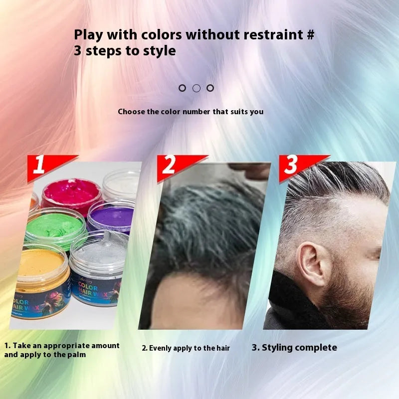 120g hair styling clay container showing colour options including blue, green, purple and other shades