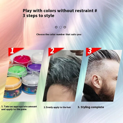120g hair styling clay container showing colour options including blue, green, purple and other shades