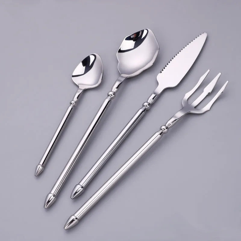 Stainless steel knife, fork, and two spoons set in a choice of seven metallic colour finishes.