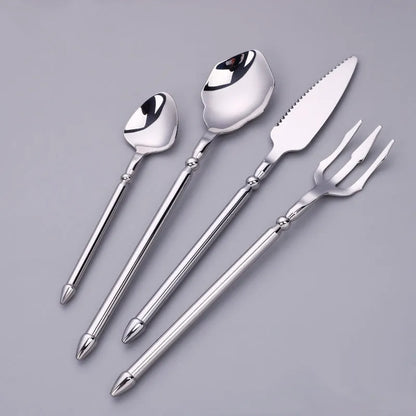 Stainless steel knife, fork, and two spoons set in a choice of seven metallic colour finishes.
