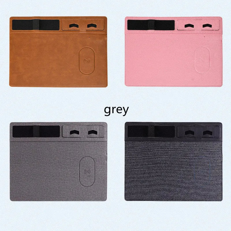 PU leather wireless charging mouse pad with phone holder in black, brown, grey, or pink colours