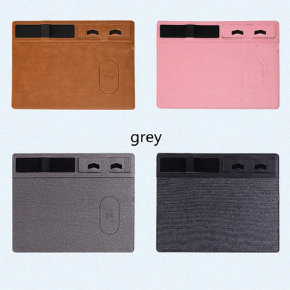 PU leather wireless charging mouse pad with phone holder in black, brown, grey, or pink colours