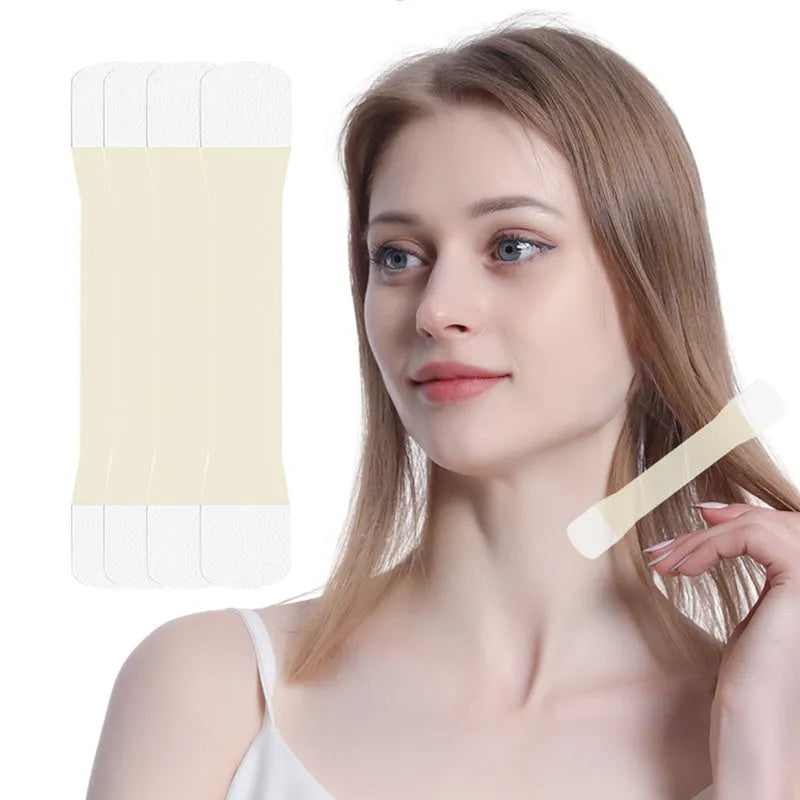 Neck firming adhesive tape patches in skin tone with four packs containing twenty patches total