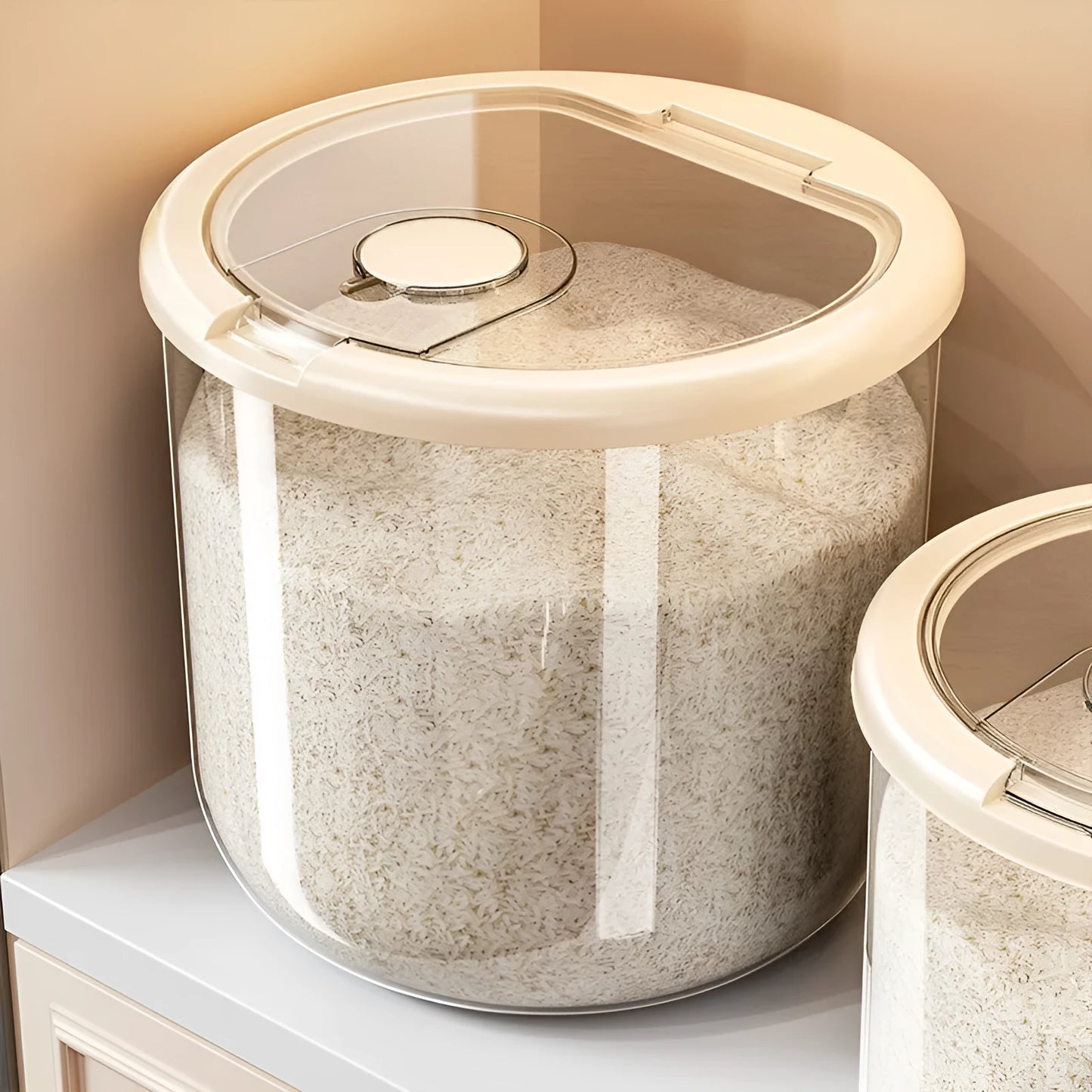 Clear plastic grain storage tank with sealed lid and included rice measuring cup