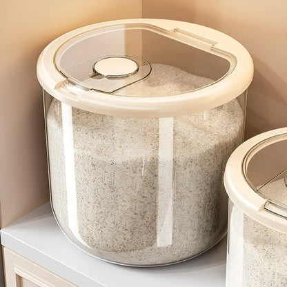 Clear plastic grain storage tank with sealed lid and included rice measuring cup