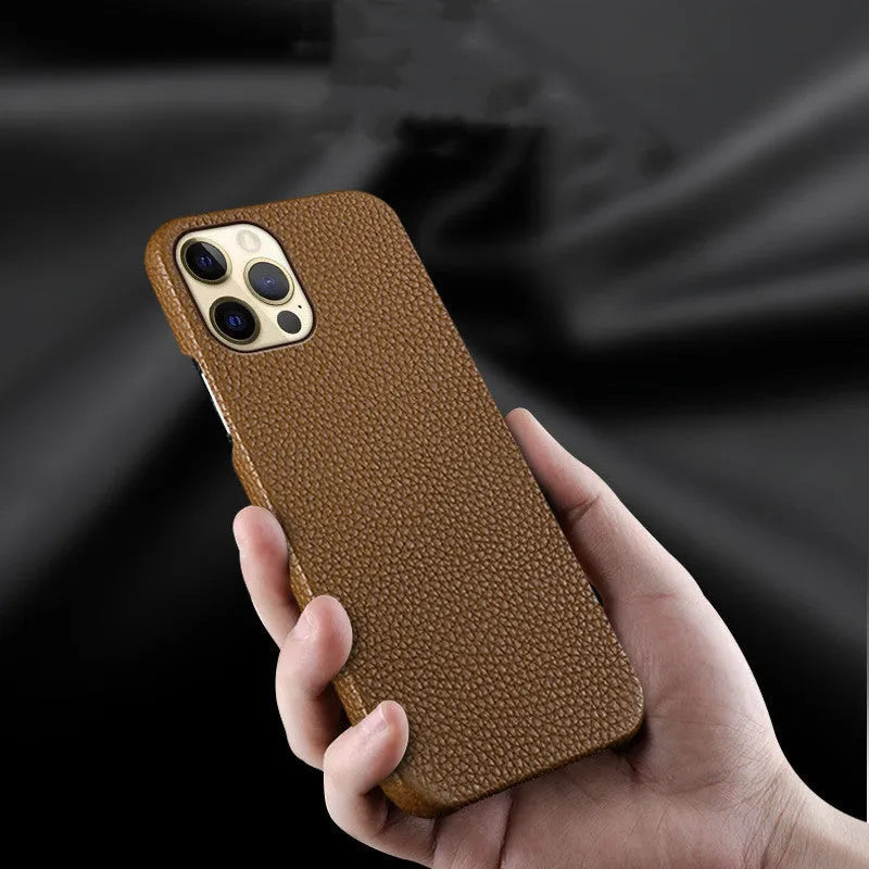 Genuine leather protective mobile phone case with anti-drop protection for iPhone models from X to 14 Pro Max, available in beige, black, brown, orange, or pink colour options as a half-wrap style case
