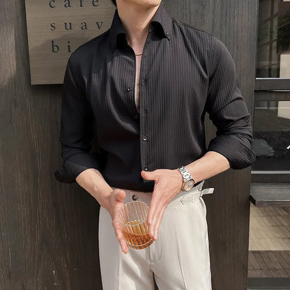Men's striped V-neck long sleeve shirt in polyester blend available in four colours