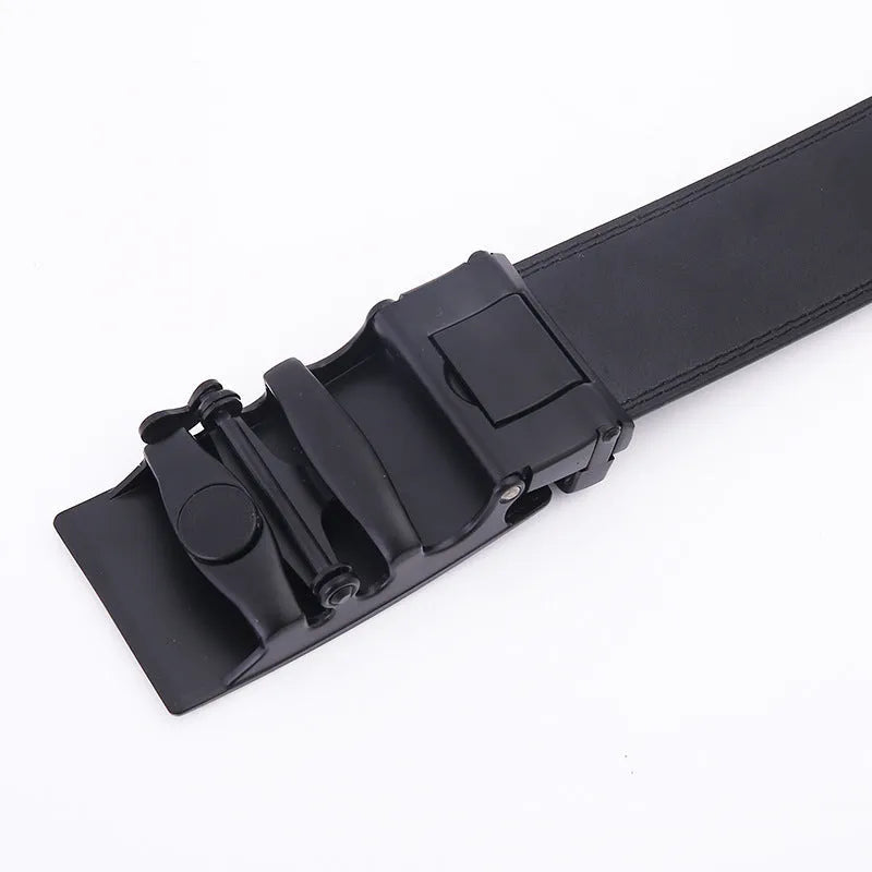 Black men's automatic buckle leather belt in two-layer cowhide with alloy rectangle buckle, 120cm or 130cm