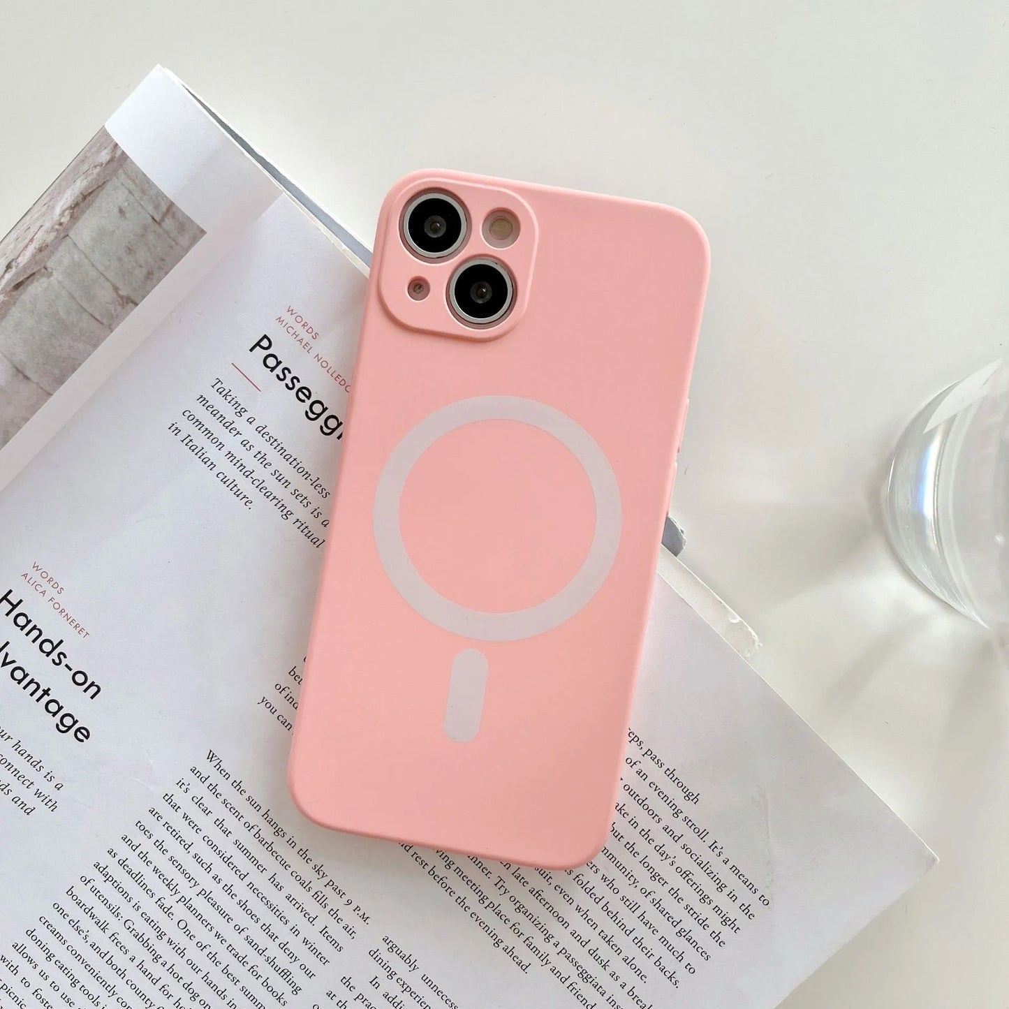 Magnetic TPU back cover case for iPhone in multiple colours, showing MagSafe charging ring.