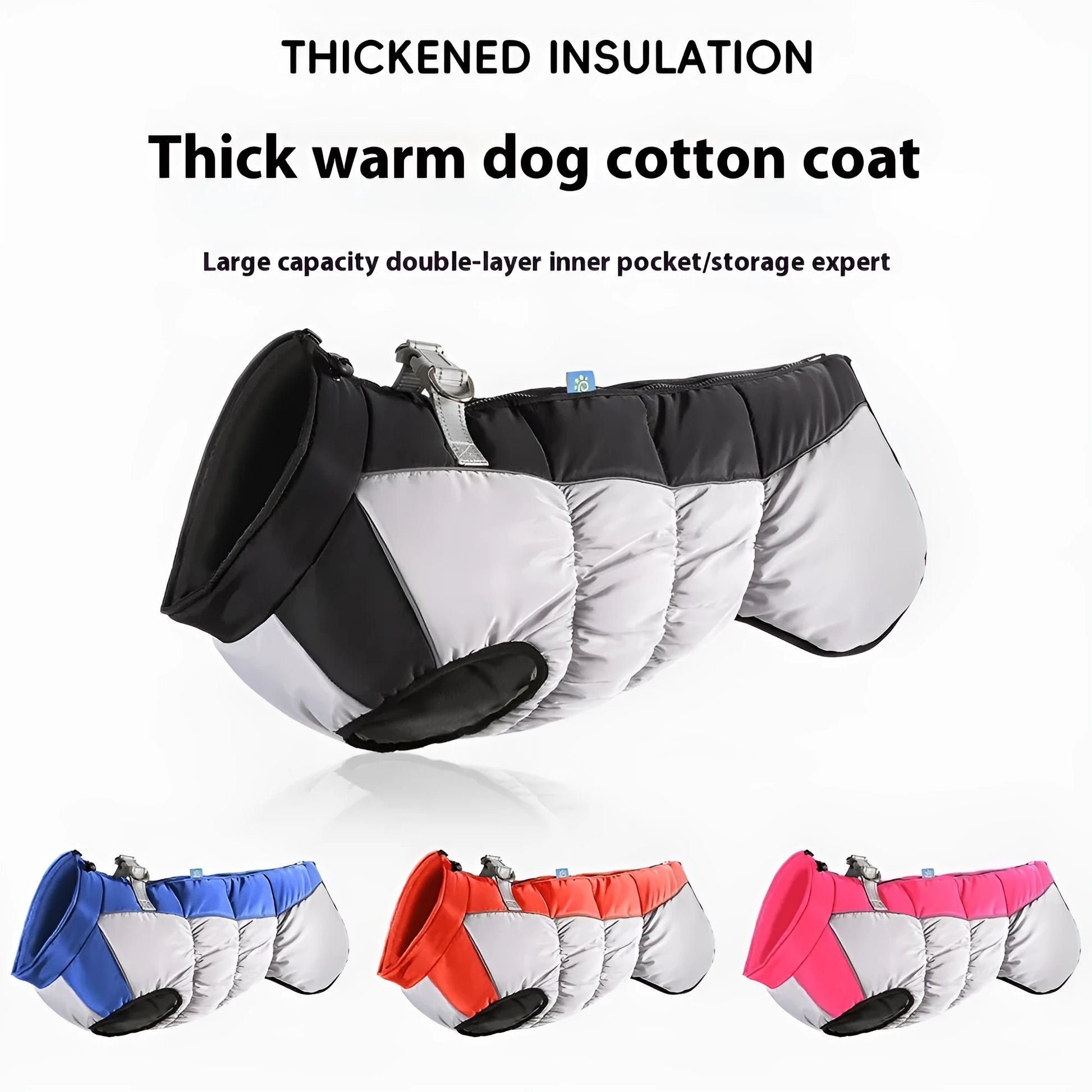 Big dog wearing a black waterproof reflective polar fleece winter coat