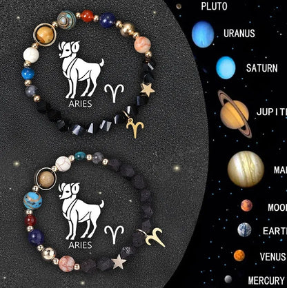 Two natural stone zodiac sign bracelets with adjustable cords showing hand-strung bead designs