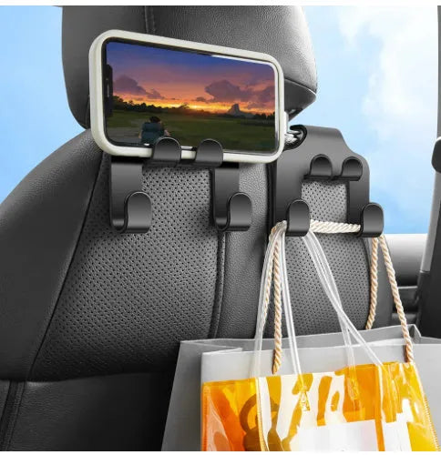 Car mobile phone holder hook made from durable ABS plastic, featuring a multi-function hook design that allows for hanging items or securing devices as a bracket in vehicles, with a convenient two-piece set included