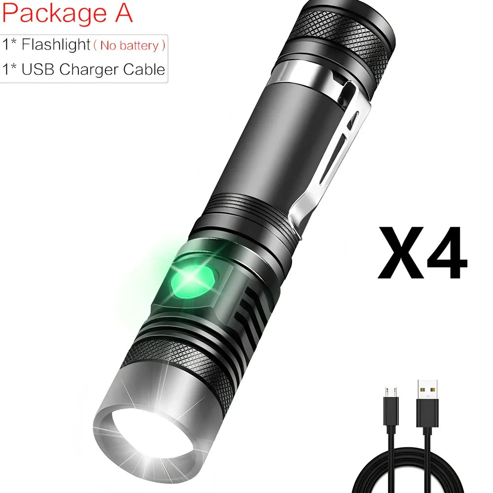Black WT518 T6 LED flashlight with zoomable head and clicky switch, showing compact 15cm aluminium body