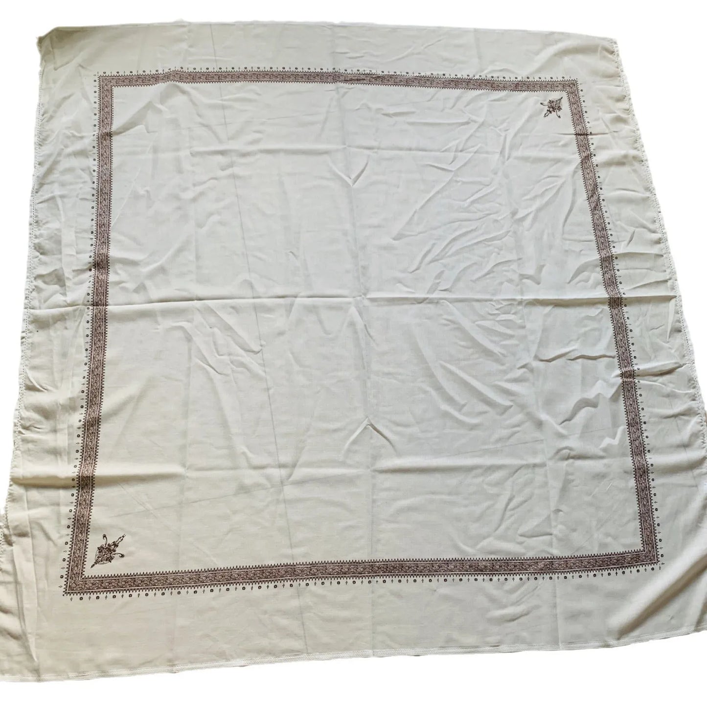 Printed square polyester scarf showing 138 cm dimensions with colour options including brown, grey, green, purple, magenta and dark blue