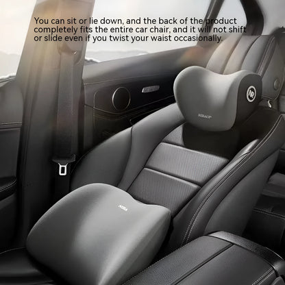 Car headrest pillow and lumbar support pillow set in a choice of five colours on a car seat.