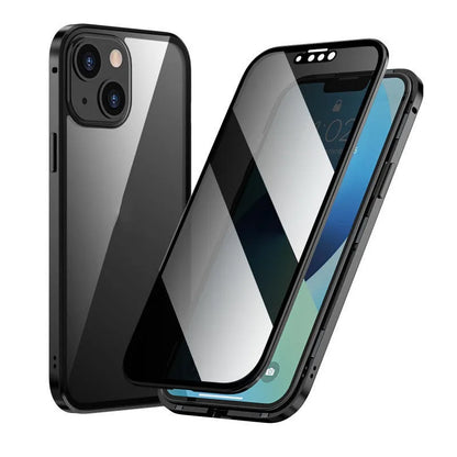 Black magnetic metal iPhone case with a privacy screen protector, shown on an iPhone 15 Pro.