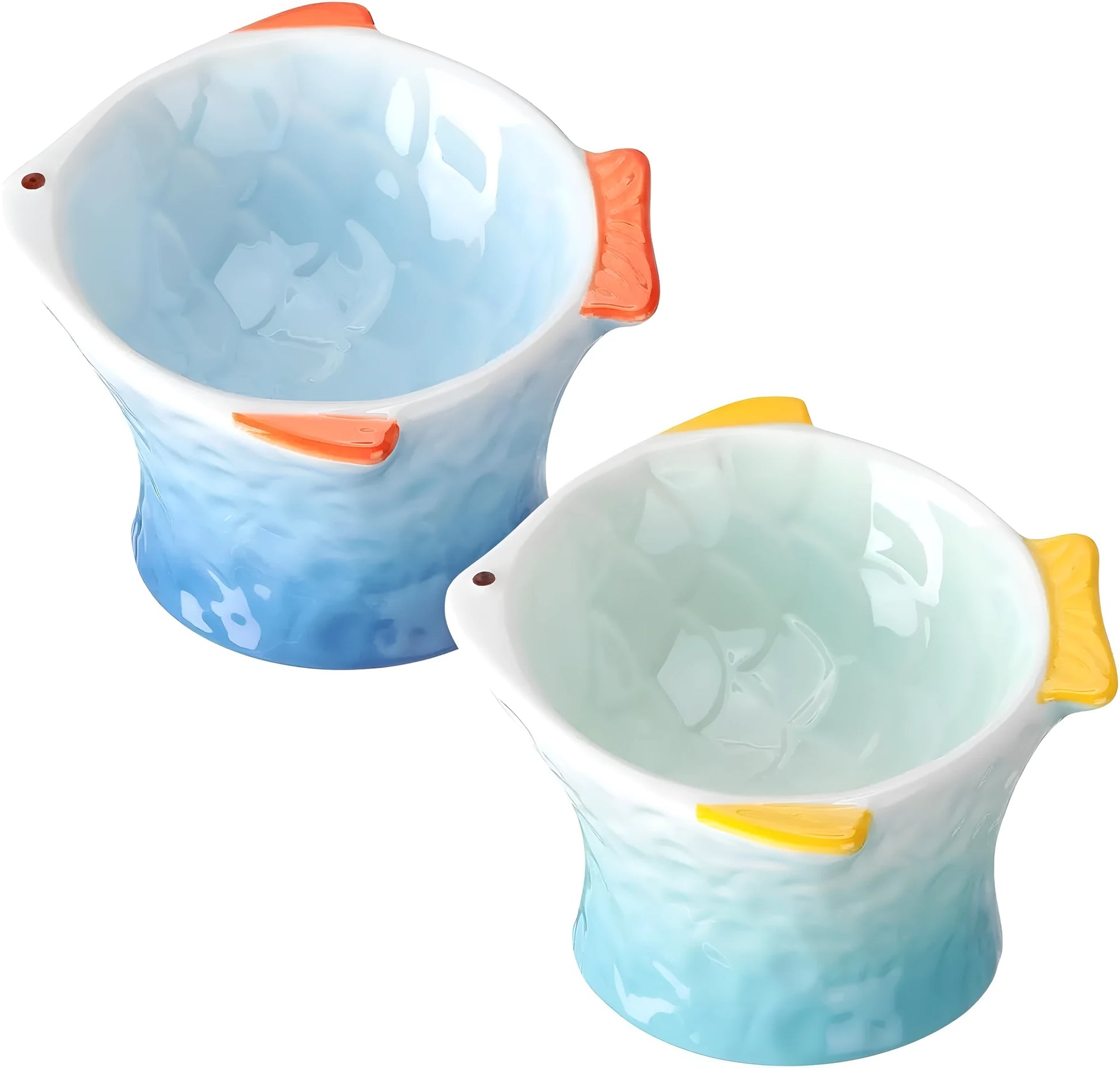 Set of four blue fish-shaped ceramic cat bowls with a tilted design on a wooden floor.