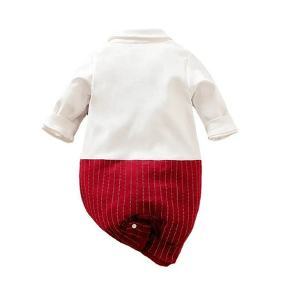 Wine red long sleeve cotton romper for a baby boy on a hanger.