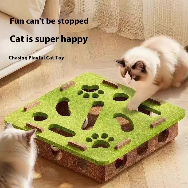 Green brown felt box cat toy with paw holes measuring 30 x 30 x 7.5 cm