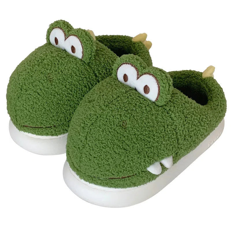 Green fuzzy slippers with dinosaur pattern, suede upper and EVA sole, indoor winter footwear for women