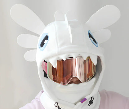 Ski helmet cover with cartoon animal designs including brown bear and white bear patterns for winter sports