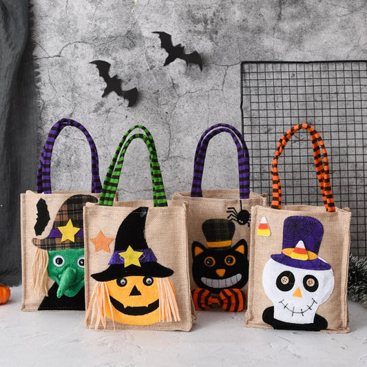 Charming Halloween tote bag made of high-quality fabric with cartoon designs, perfect for carrying candy, gifts, and other holiday essentials