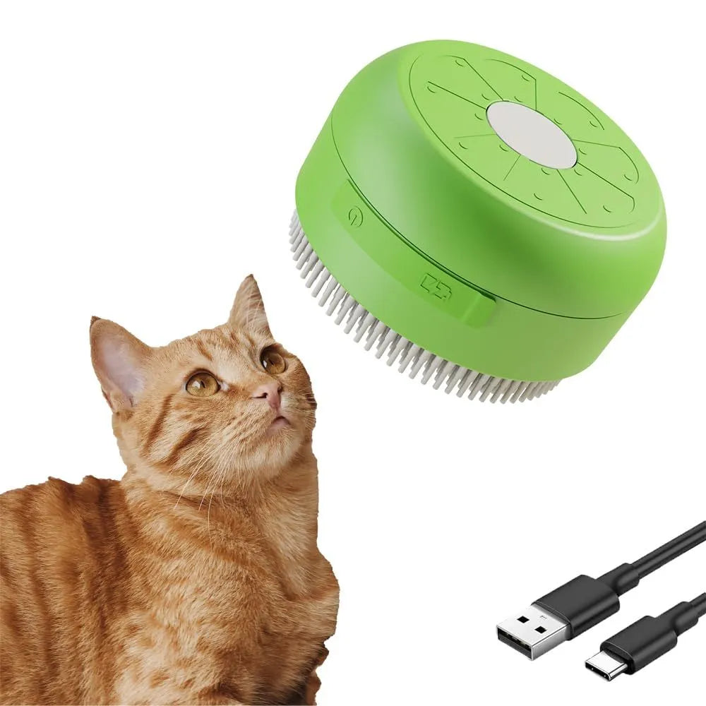 Green and yellow rechargeable cat steam brush with silicon bristles, measuring 85x85x52mm