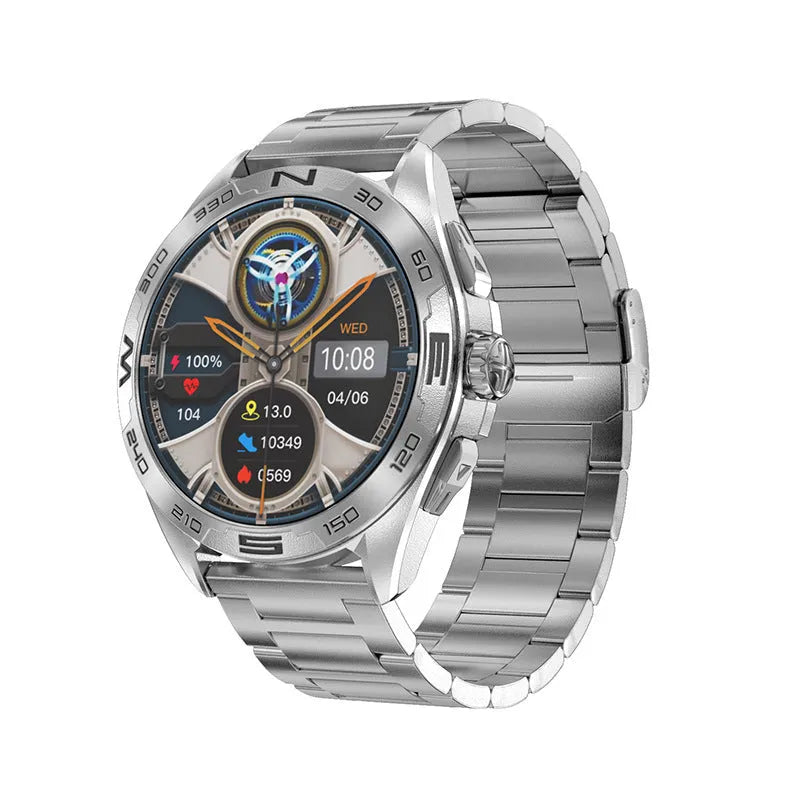 Smart watch with health monitoring display showing blood pressure, heart rate, and oxygen readings