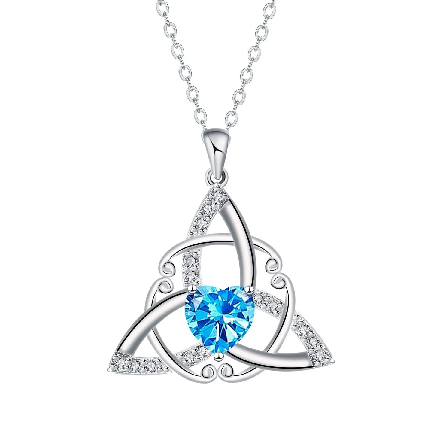 Close-up of a geometric Celtic knot pendant necklace for women in an electroplated blue finish on a copper base.