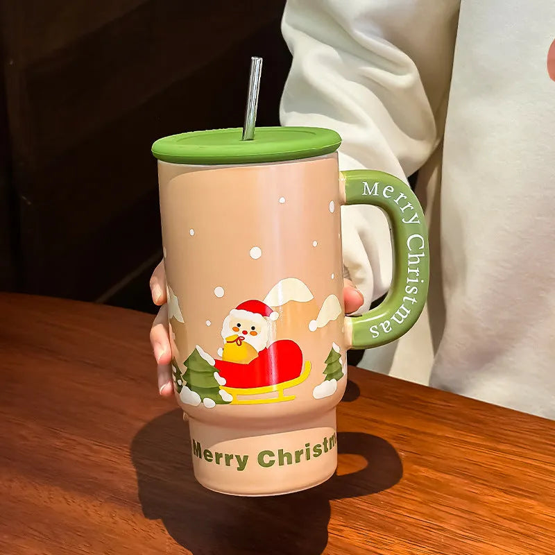 800ml white porcelain ceramic Christmas mug with cartoon pattern and cylindrical single-layer body