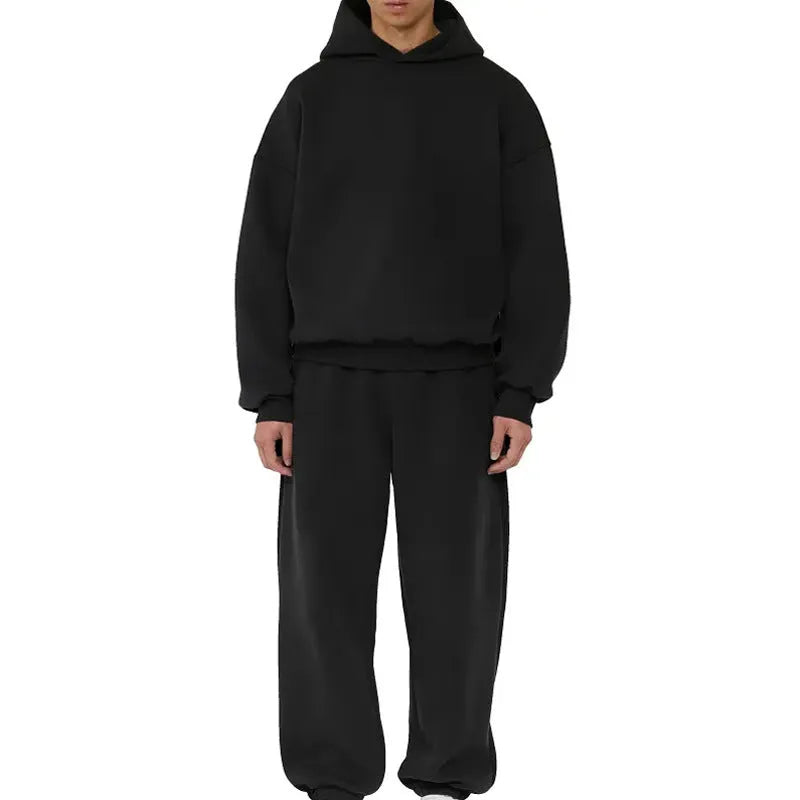 Men's grey fleece-lined cotton pullover hoodie with a wool lining and long sleeves