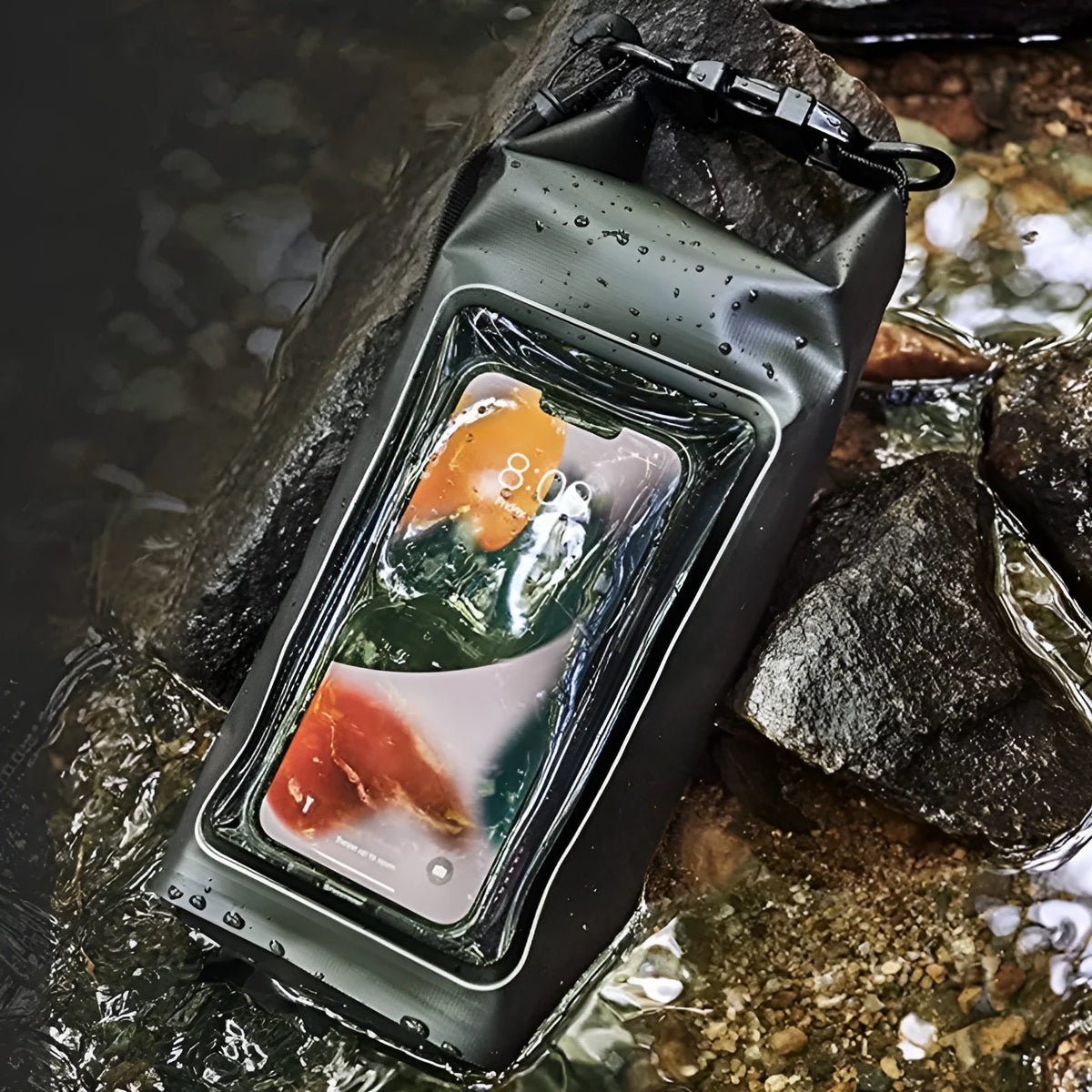 A waterproof crossbody bag in various colours, suitable for carrying a mobile phone outdoors.