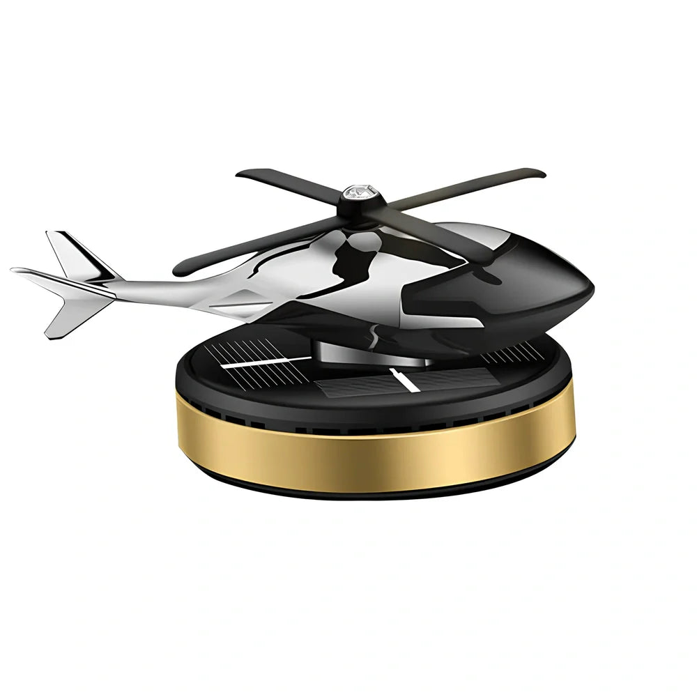 Solar helicopter car air freshener with rotating propeller and metal construction
