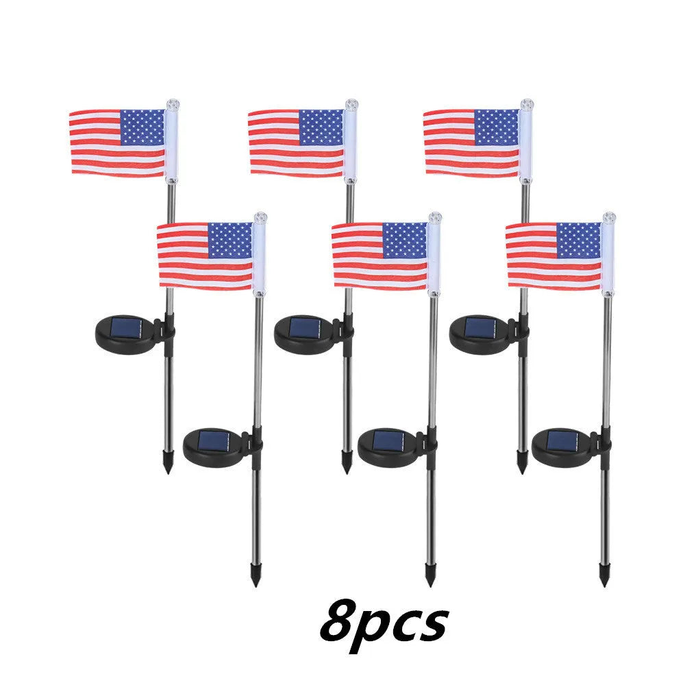 Solar garden flag light with American flag design on stainless steel pole, 34cm tall